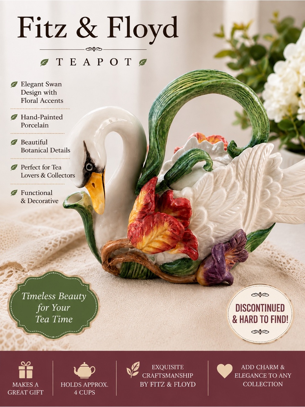 Fitz & Floyd Vintage White Swan & Tulips Teapot |
Hand-Painted Porcelain